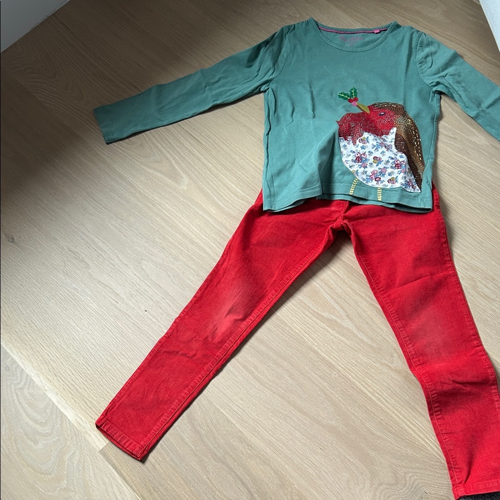 Mini Boden Green Top and red corduroy pants set